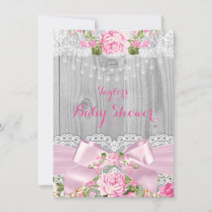 Invitación Rústico Wood Lace Pink Floral Baby Shower 2