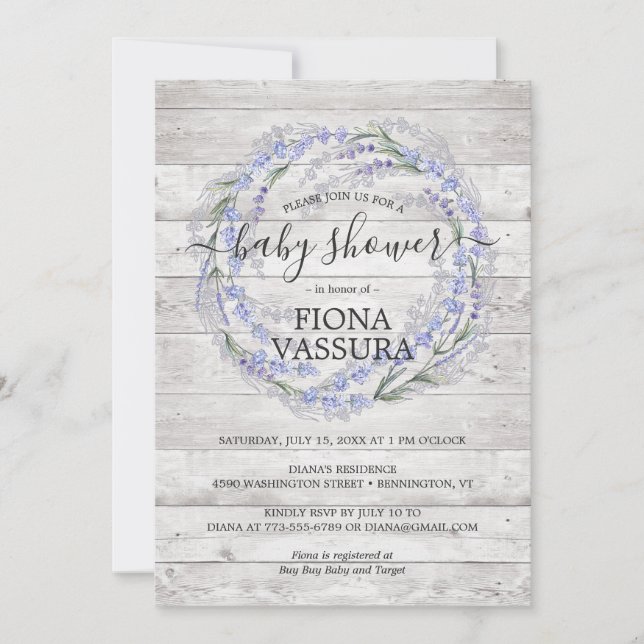 Invitación Rústico Wood Lavender Floral Wreath Baby Shower (Anverso)