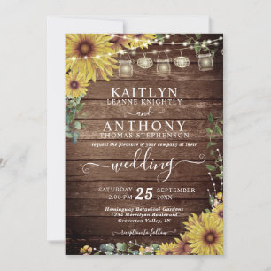 Invitación Rústico Wood Sunflower Luces Mason Jars Boda