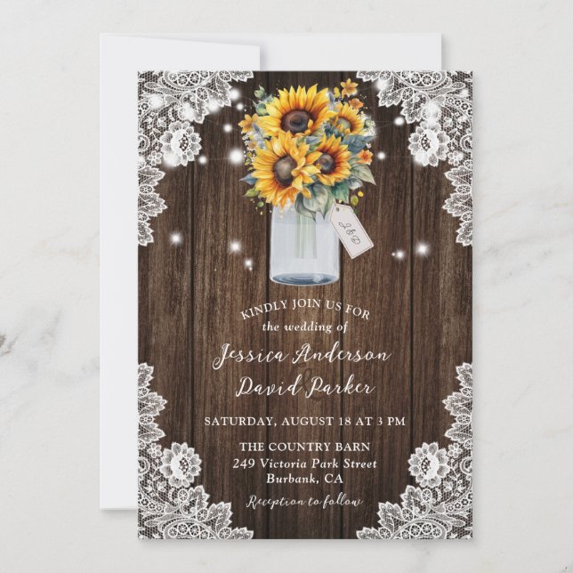 Invitación Rústico Wood Sunflower Mason Jar Boda (Anverso)