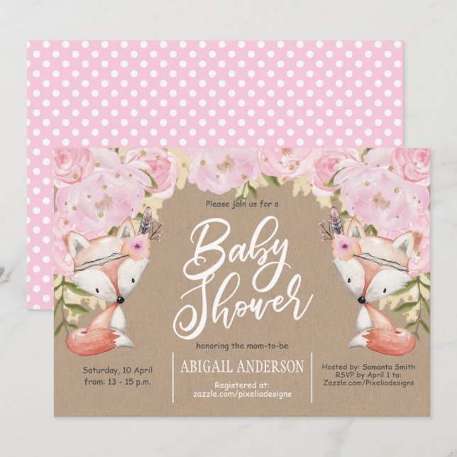 Invitación Rústico, Woodland, Floral rosada, baby Girl Shower (Anverso / Reverso)