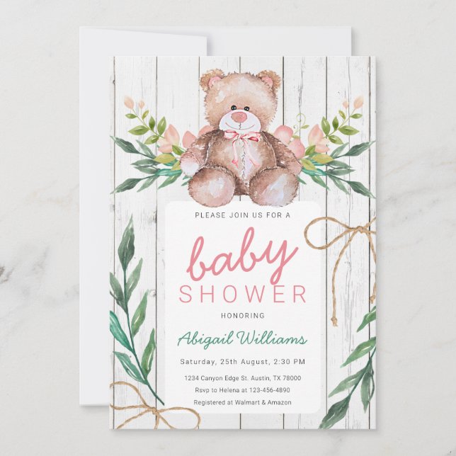 Invitación Rústico Woodland Floral Teddy Bear Baby Shower (Anverso)
