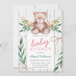 Invitación Rústico Woodland Floral Teddy Bear Baby Shower