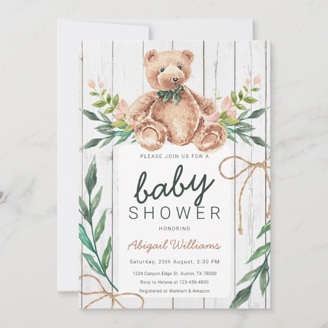 Invitación Rústico Woodland Green Teddy Bear Baby Shower (Anverso)