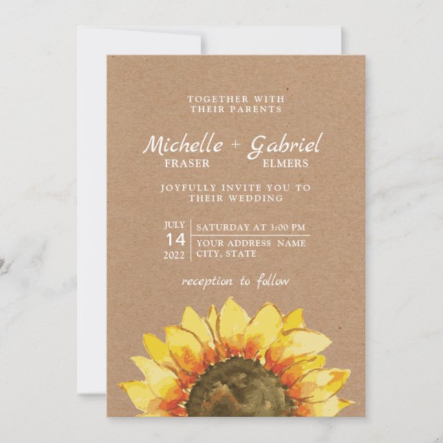 Invitación Rústico y hermoso Boda botánico de Sunflower Kraft (Anverso)