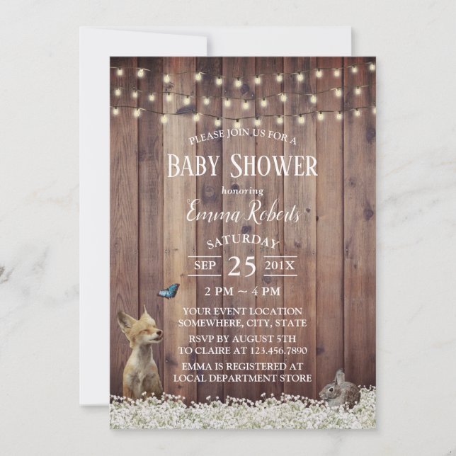 Invitación Rústicos animales de Woodland Baby Shower con luz  (Anverso)