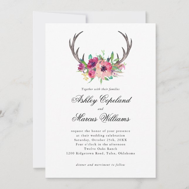 Invitación Rústicos Antlers Boho Boda de Allure Floral (Anverso)