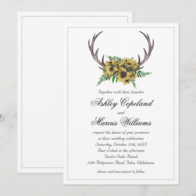 Invitación Rústicos Antlers Boho Sunflowers Boda Floral (Anverso / Reverso)