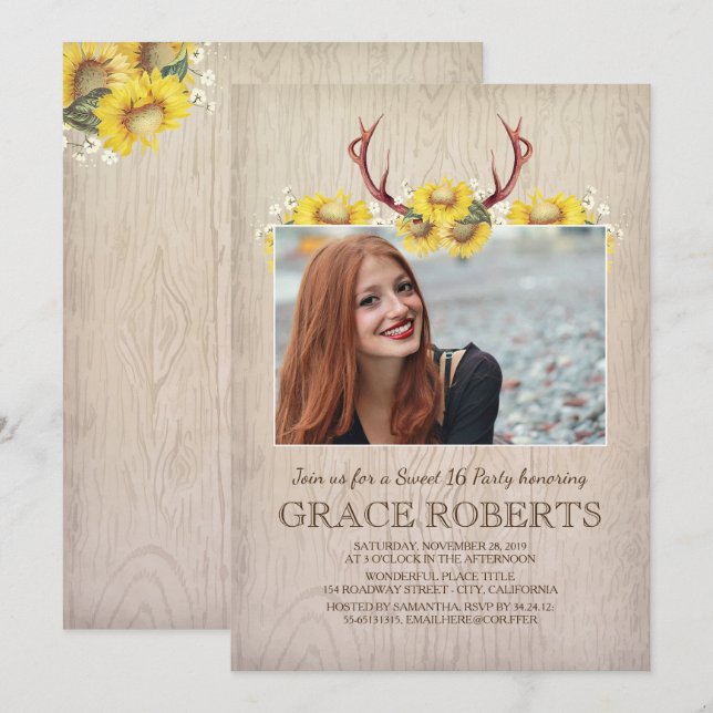 Invitación Rústicos Antlers De Girasol | Cumpleaños de Dulces (Anverso / Reverso)