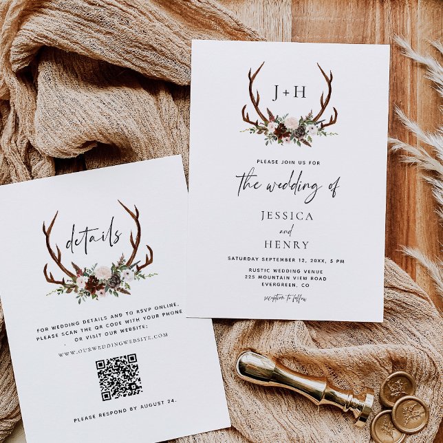 Invitación Rústicos Antlers Floral Boho Boda QR Código (Subido por el creador)