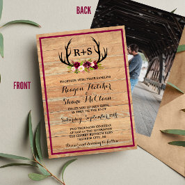 Invitación Rústicos Antlers Floral Burgundy Wood Boda