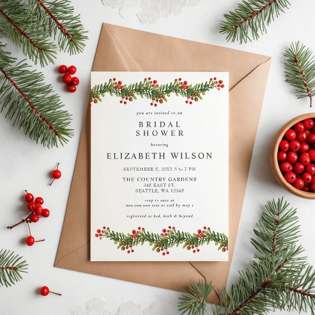 Invitación Rústicos bughes de los holly Navidades duchas de n (Rustic Boughs of Holly Christmas Bridal Shower Invitation)