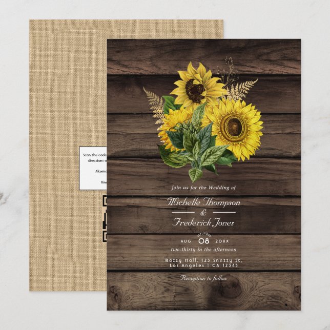 Invitación Rústicos girasoles Código QR RSVP Boda por país (Anverso / Reverso)