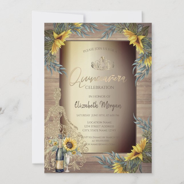 Invitación Rústicos girasoles vestidos de madera Quinceañera (Anverso)