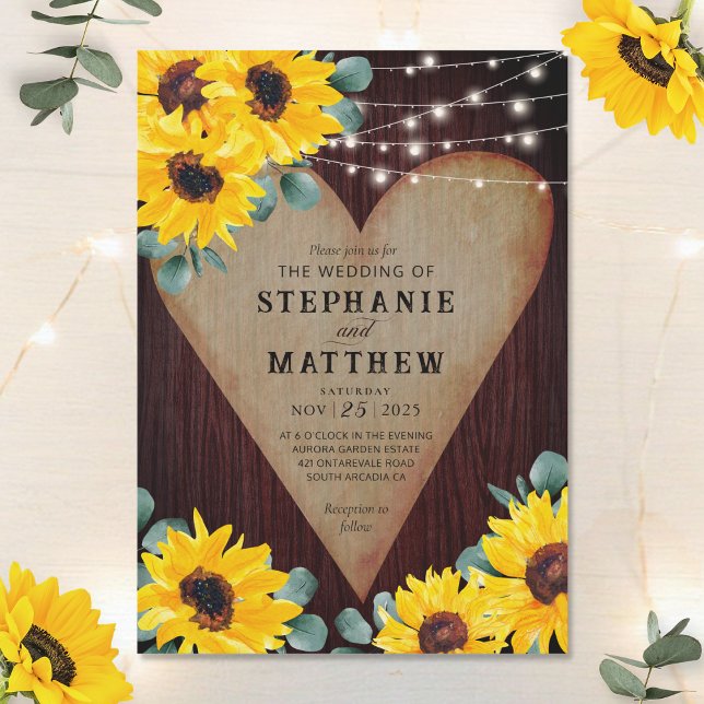 Invitación Rústicos girasoles Wood Heart String Lights (Subido por el creador)