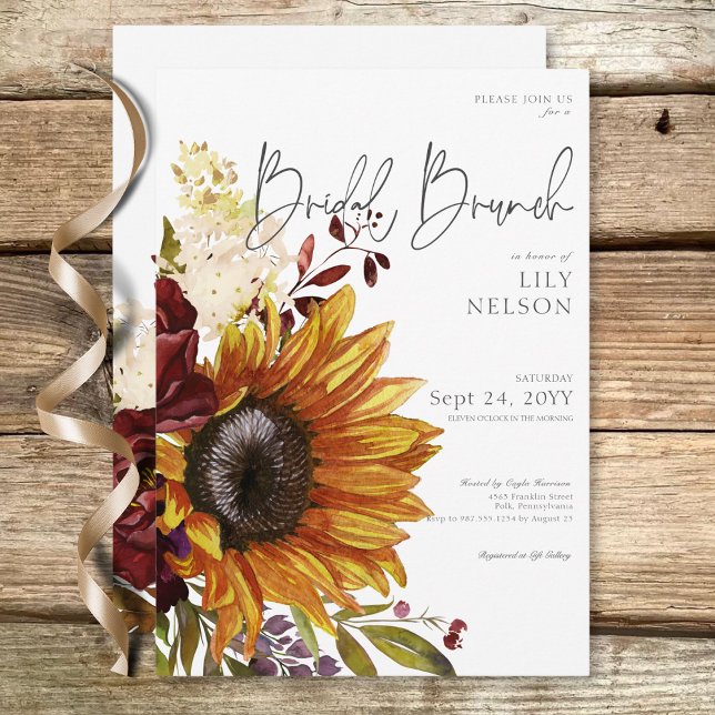 Invitación Rústicos girasoles y brunch de novia floral borgoñ (Rustic Sunflowers & Burgundy Floral Bridal Brunch Invitation)