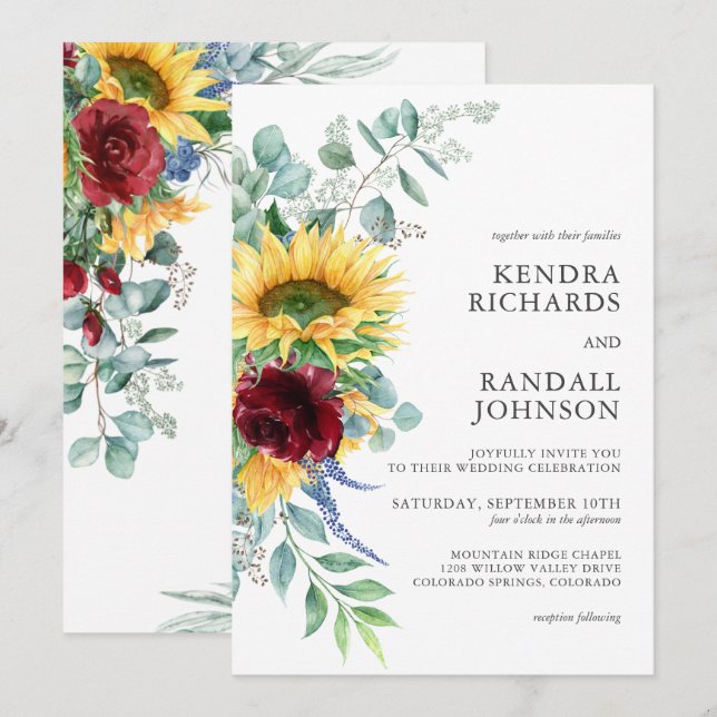 Invitación Rústicos girasoles y Rosas Boda floral (Anverso / Reverso)