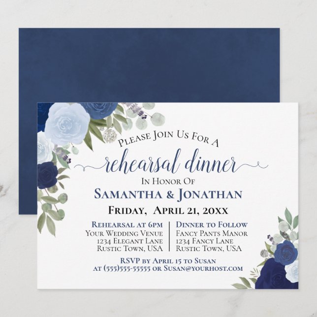 Invitación Rústicos Rosas azules Bodas florales Ensayo de cen (Anverso / Reverso)