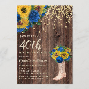 Invitación Rústicos Rosas azules de girasol Boots 40 cumpleañ