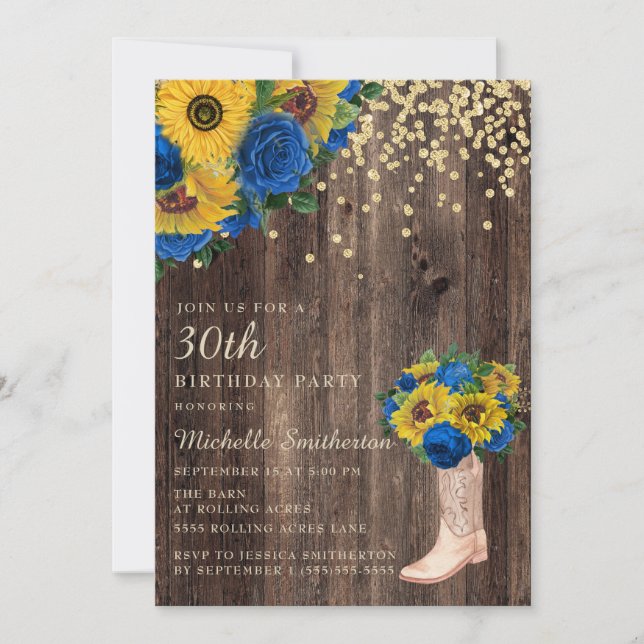 Invitación Rústicos Rosas azules de girasol bota 30 cumpleaño (Anverso)