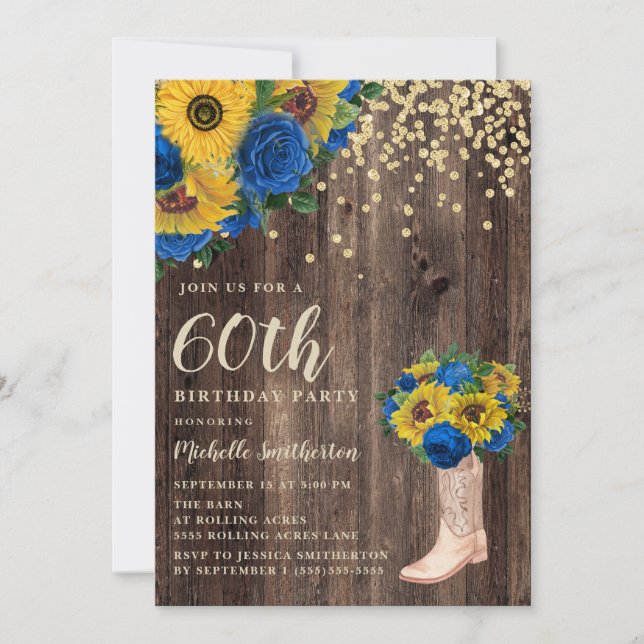 Invitación Rústicos Rosas azules de girasol bota cumpleaños n (Anverso)