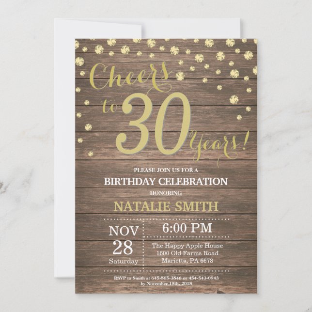 Invitación Rut Wood Gold 30 cumpleaños Diamante (Anverso)