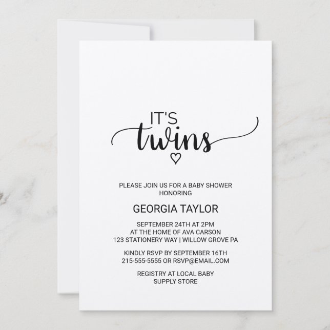 Invitación Rutic Kraft Calligraphy Twins Baby Shower (Anverso)