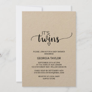 Invitación Rutic Kraft Calligraphy Twins Baby Shower