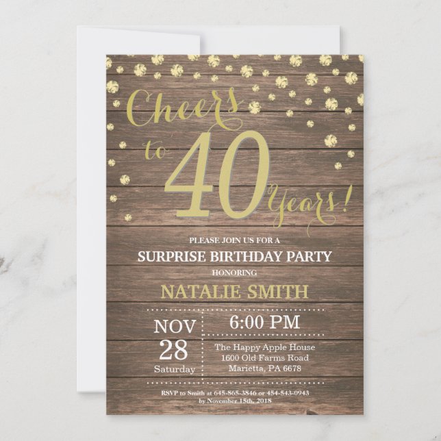 Invitación Rutic Wood Gold sorprende 40 cumpleaños Diamante (Anverso)