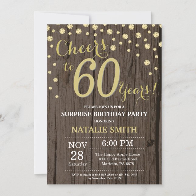 Invitación Rutic Wood Gold sorprende Diamante de cumpleaños n (Anverso)