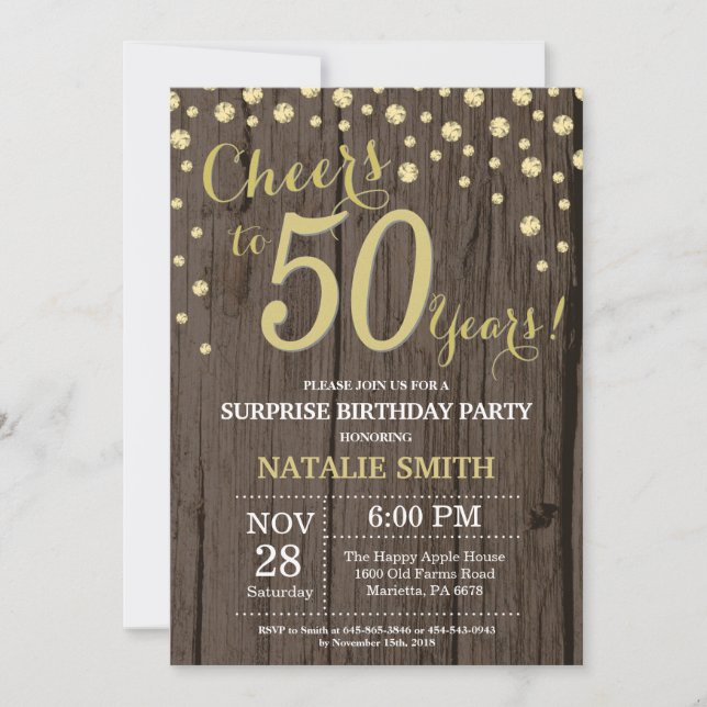 Invitación Rutic Wood Gold Sorpresa 50 cumpleaños Diamante (Anverso)
