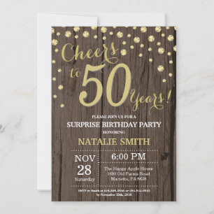 Invitación Rutic Wood Gold Sorpresa 50 cumpleaños Diamante