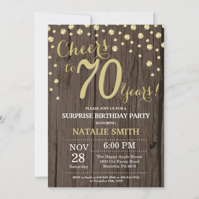 Invitación Rutic Wood Gold Sorpresa 70 cumpleaños Diamante (Anverso)