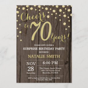 Invitación Rutic Wood Gold Sorpresa 70 cumpleaños Diamante