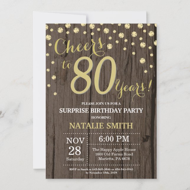 Invitación Rutic Wood Gold Sorpresa 80 cumpleaños Diamante (Anverso)