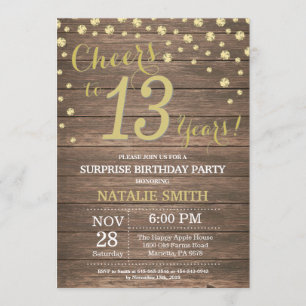 Invitación Rutic Wood Gold Sorpresa Diamante de 13 años