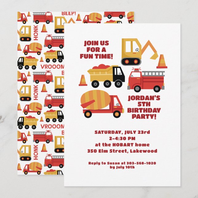 Invitación ¡Ruuuuu Sonido de Bocina! Cumpleaños de Camiones (Anverso / Reverso)