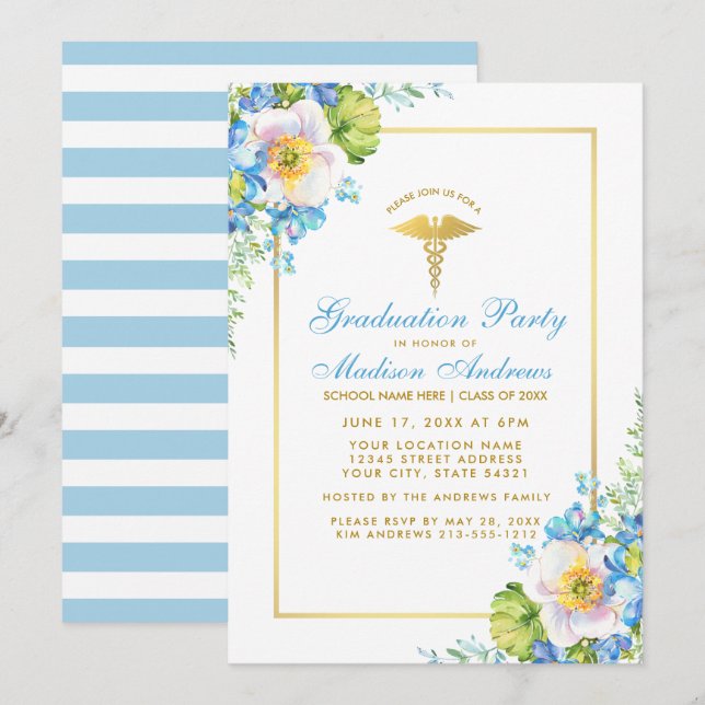 Invitación S Fiesta de Grado Floral Azul de Oro En (Anverso / Reverso)
