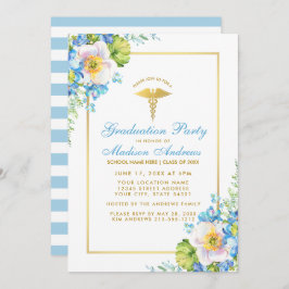 Invitación S Fiesta de Grado Floral Azul de Oro En