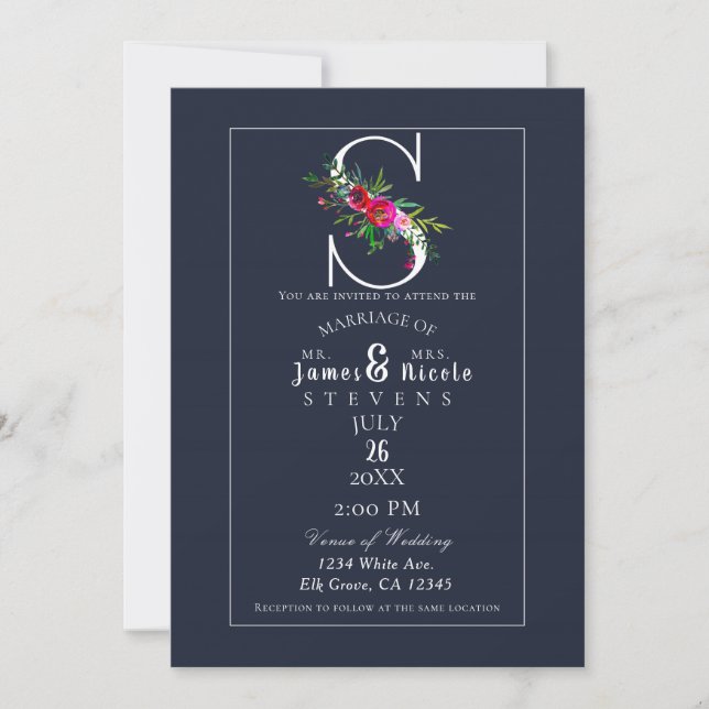 Invitación S Monograma Último Boda floral azul moderno inicia (Anverso)