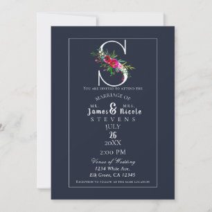 Invitación S Monograma Último Boda floral azul moderno inicia
