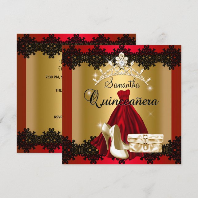 Invitación S Quinceanera 15.ª tiara de diamante negro rojo (Anverso / Reverso)