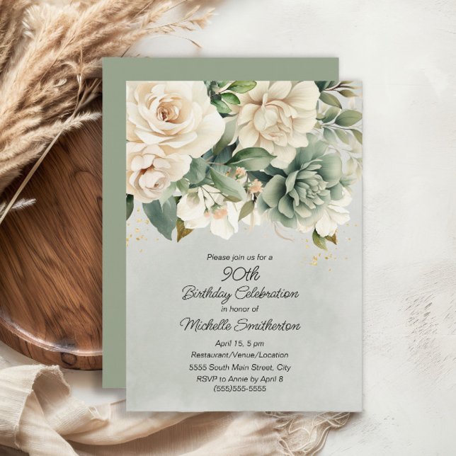 Invitación Sabio Blanco Verde Floral Oro Cumpleaños 90 (White and sage green floral 90th birthday party invitation)