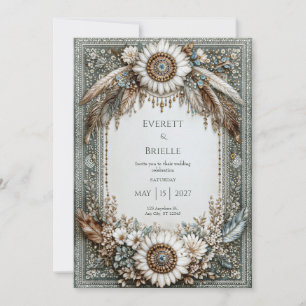 Invitación Sabio Rústico Verde Blanco Girasol Pluma Boda