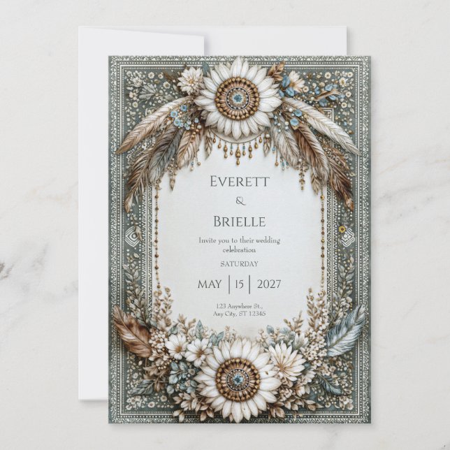 Invitación Sabio Rústico Verde Blanco Girasol Pluma Boda (Anverso)