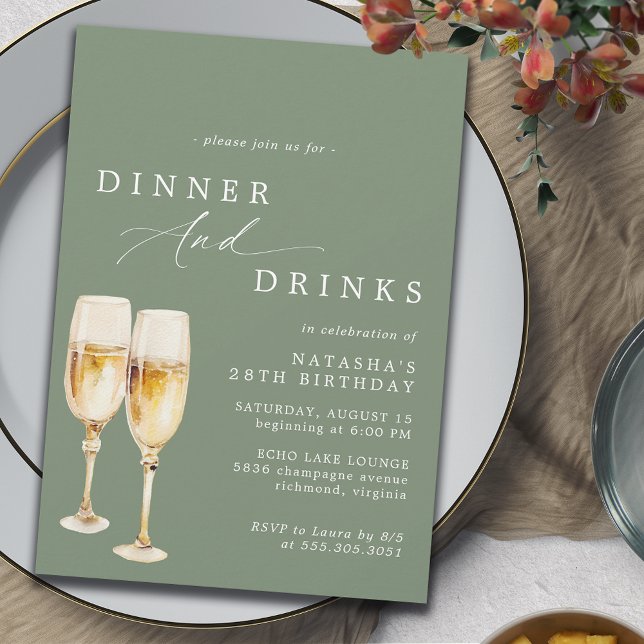 Invitación Sabor verde oliva | Fancy Champagne Birday Dinner (Subido por el creador)