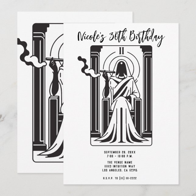 Invitación Sacerdotisa del Tarot Fumando Hierba Ocultismo (Anverso / Reverso)