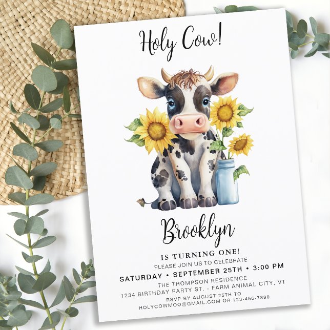Invitación Sacra vaca Cute moderna granja animal 1er cumpleañ (Subido por el creador)