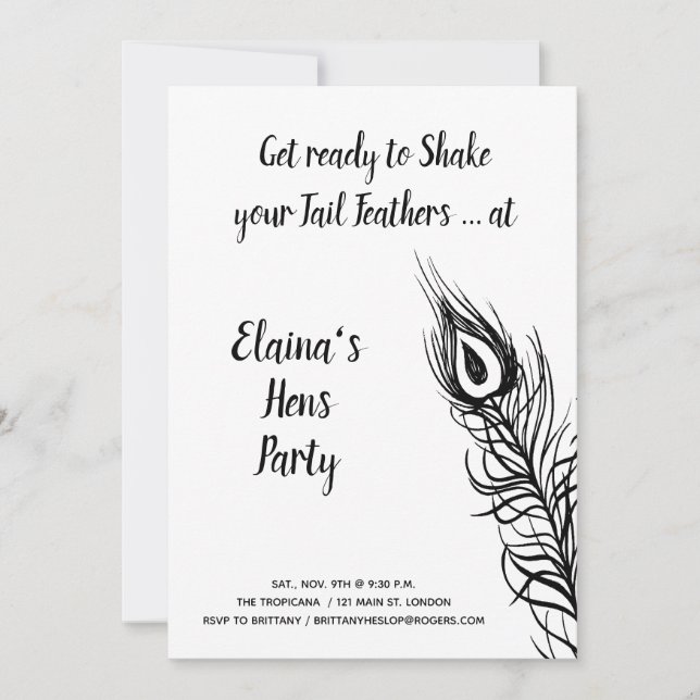 Invitación Sacuda tus plumas de cola Hens Fiesta blanco y neg (Anverso)