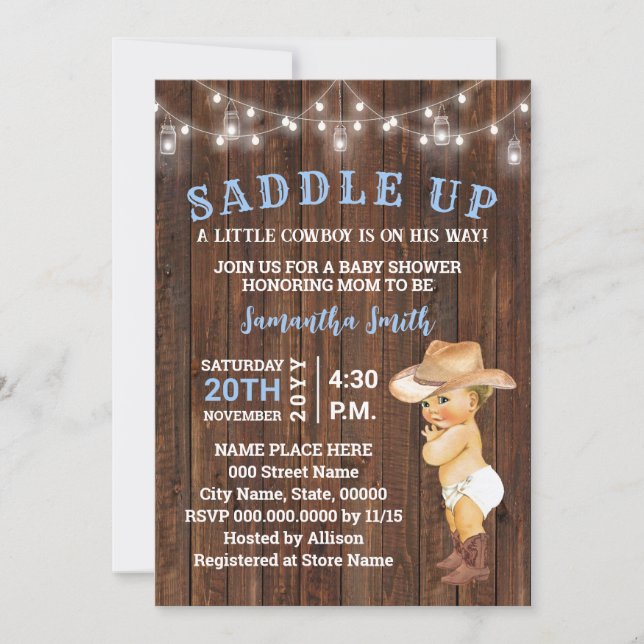 Invitación Saddle Up a Little Cowboy es su manera de Baby Sho (Anverso)